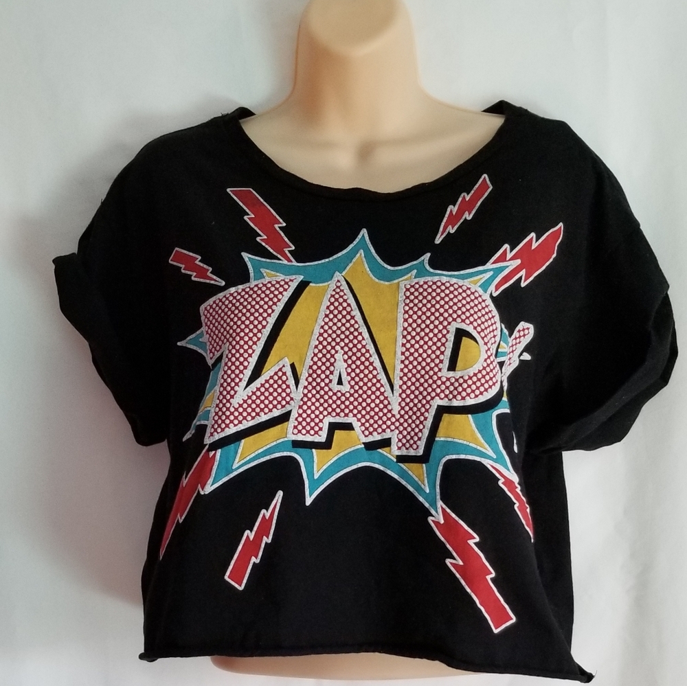 Womens Papaya Black Zap Cute Short Sleeve Crop Top Size Large